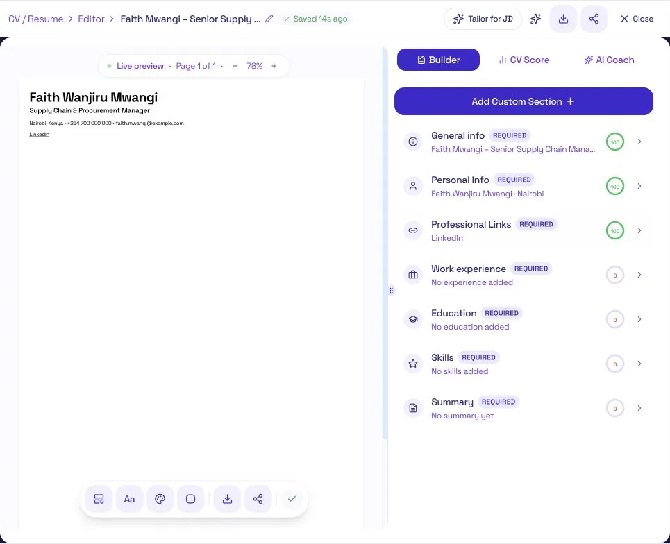 TuConnect CV Builder showing Faith's name, headline and contact details in the live preview, with the list of CV sections beside it