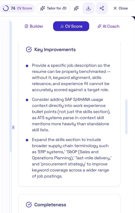 The CV Score tab showing Key Improvements for Faith's CV