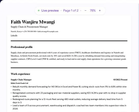Live preview of page one of Faith's CV, showing her header, professional profile and first role