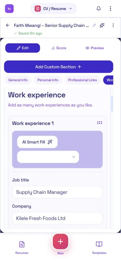 TuConnect CV Builder on a phone, showing the Edit, Score and Preview tabs and the work experience form