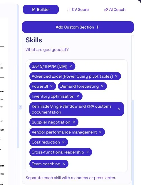 The Skills section with Faith's skills shown as tags