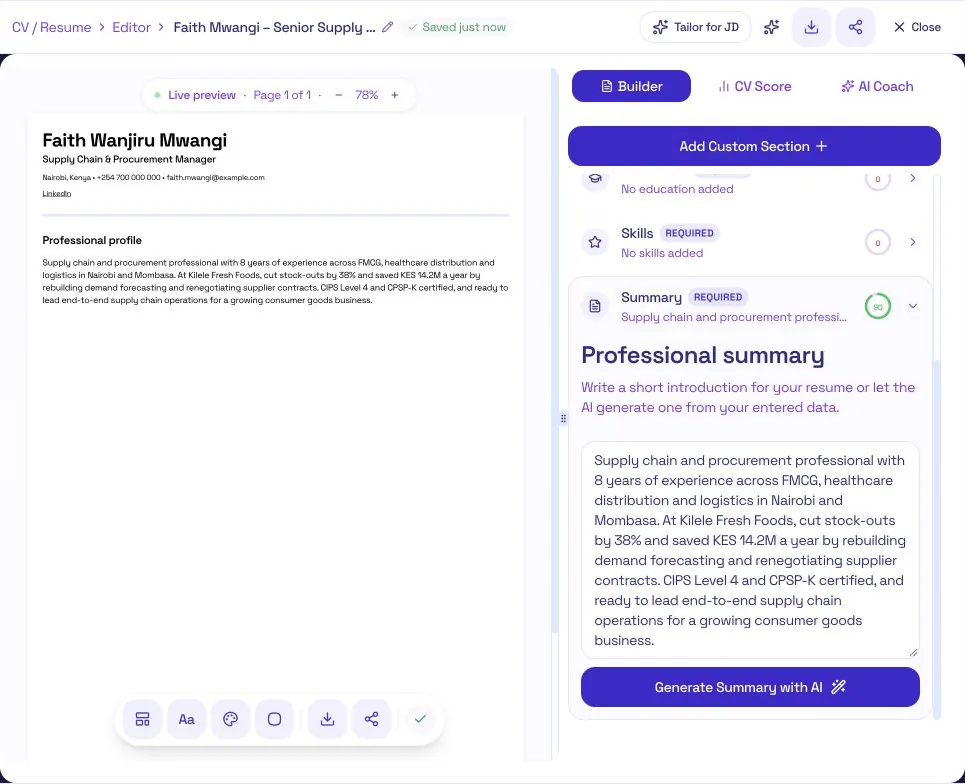 The Professional summary field containing Faith's summary, with the Generate Summary with AI button below it