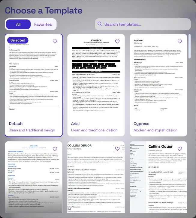 TuConnect CV Builder template gallery with the single-column Default template selected