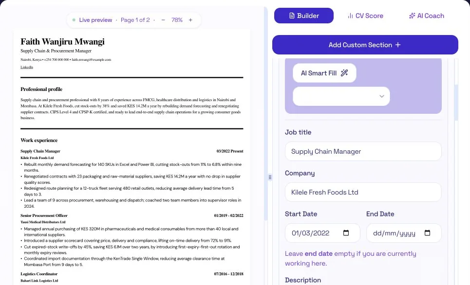 Work experience editor for Faith's current role at Kilele Fresh Foods, with the AI Smart Fill button and four results-focused bullets in the live preview