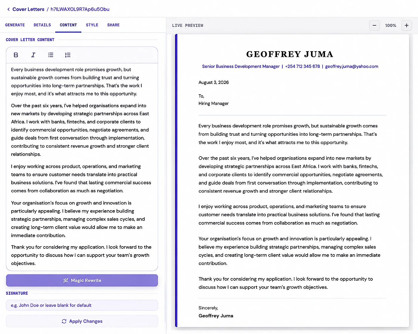 TuConnect AI Cover Letter Builder showing live tailored cover letter content editor and preview.