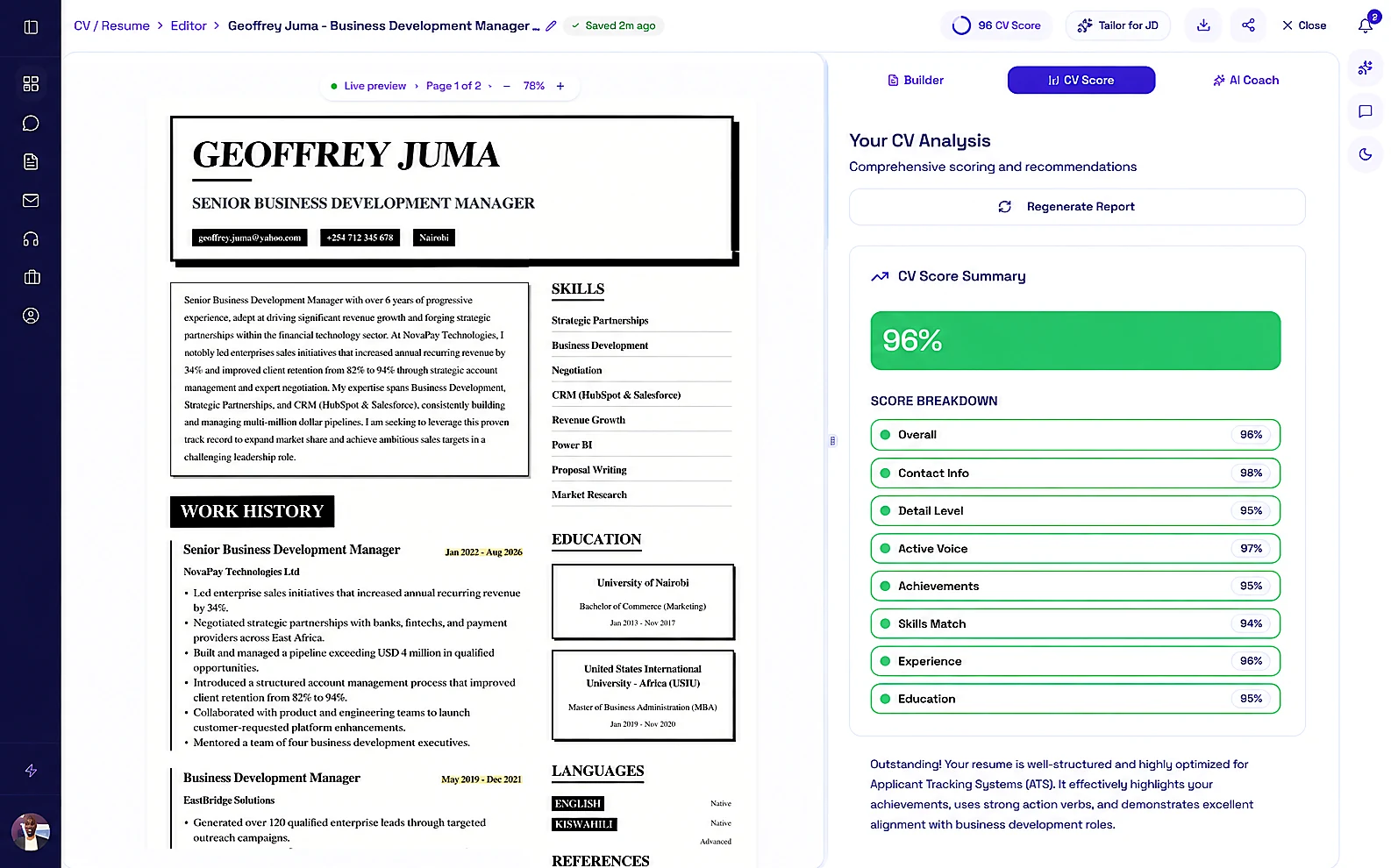 TuConnect AI Resume Builder showing live ATS CV analysis and resume preview.